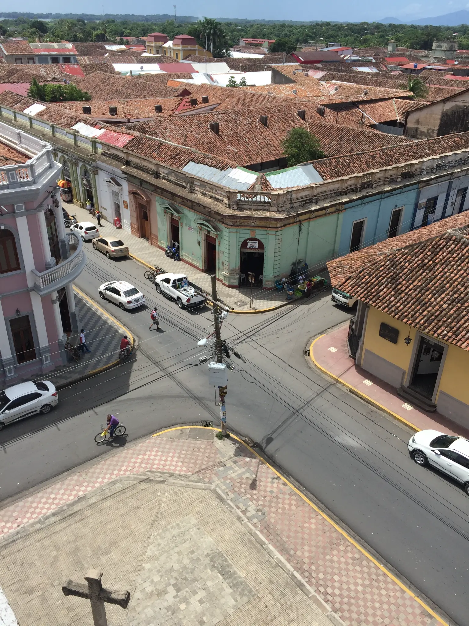Bird's eye view of Granada Nicaragua streets from cathedral tower — colorful colonial intersection