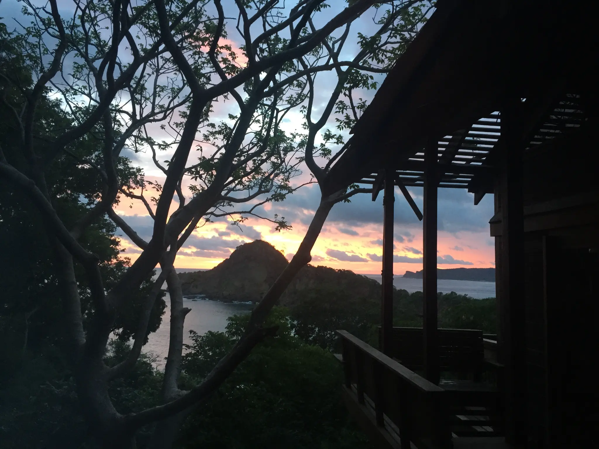 Sunset view from the treehouse deck at Aqua Resort — wooden railing, bare tree silhouette, Pacific bay and headland glowing orange