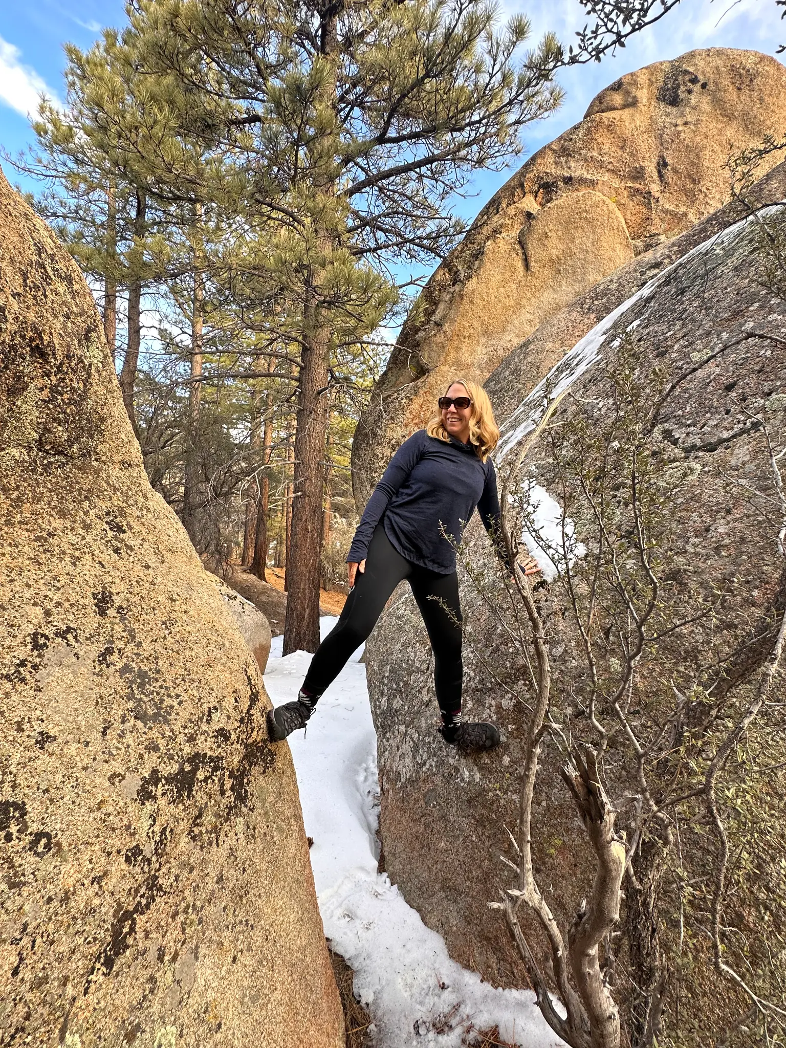 Scrambling through the granite boulders