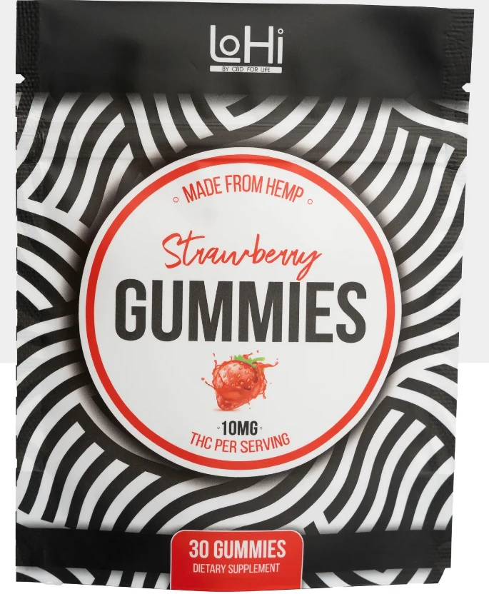 CBD For Life LoHi Strawberry Gummies — 10mg THC per serving, made from hemp