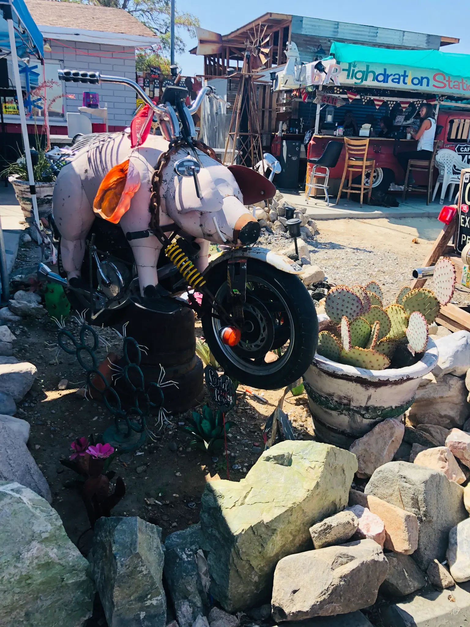 A pig sculpture riding a motorcycle outside Cafe 247 in Lucerne Valley, surrounded by cacti and desert art