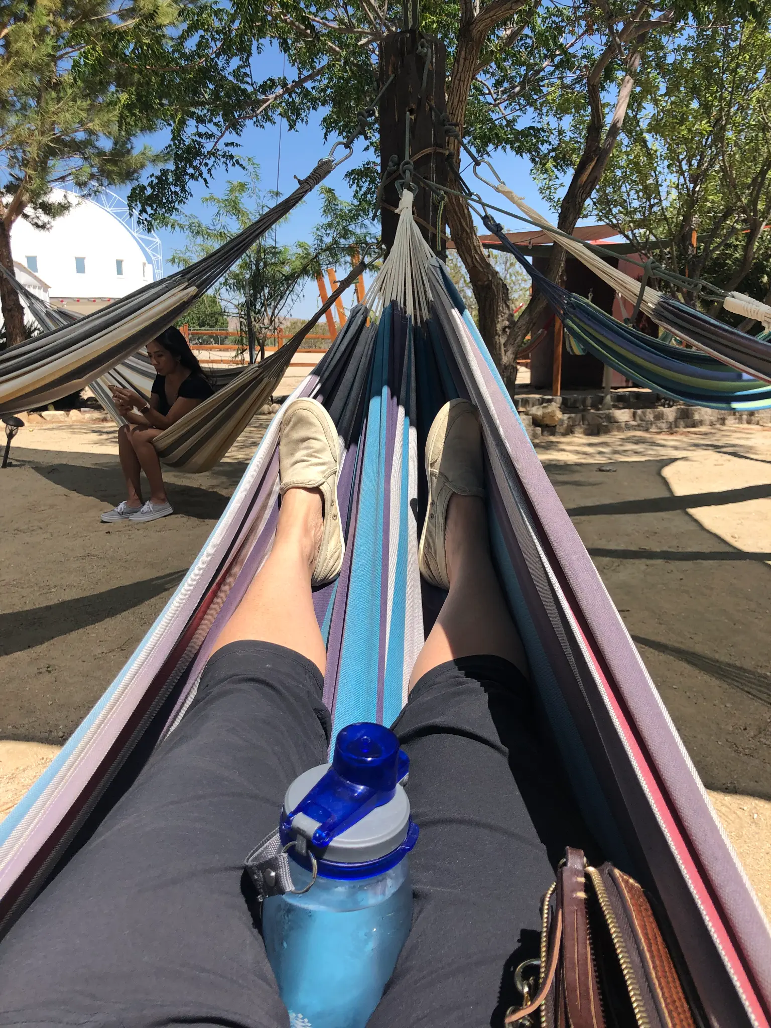 View from a hammock at the Integratron grounds — colorful hammocks strung between trees with the white dome visible in the background