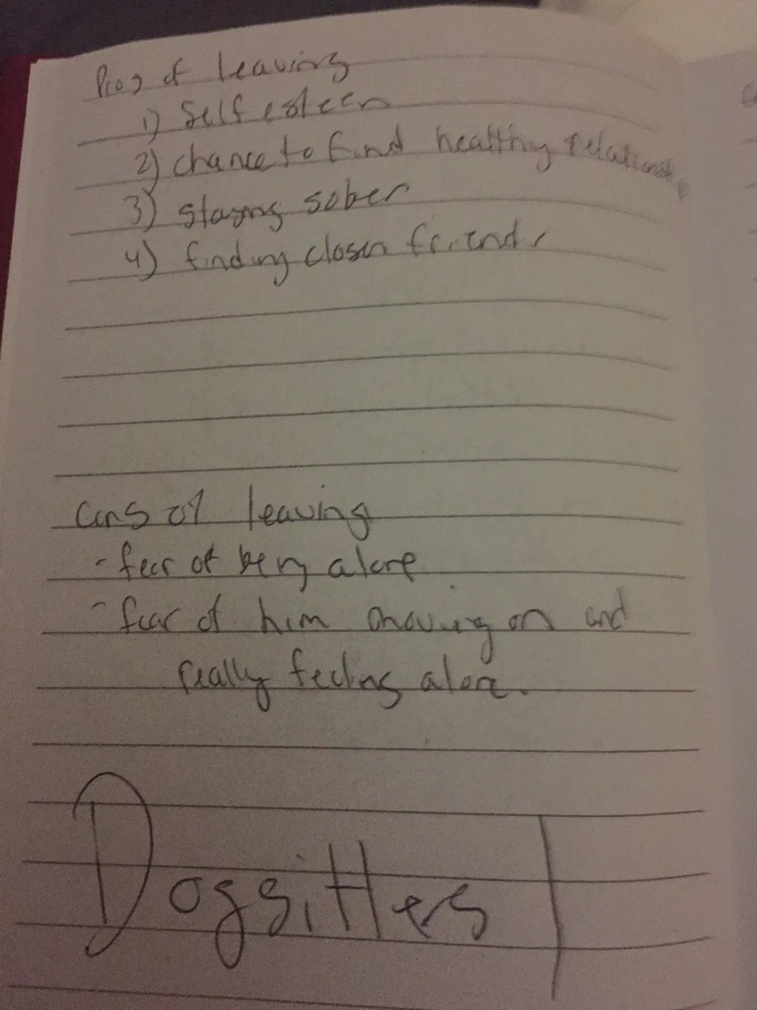 Handwritten pros and cons of leaving list